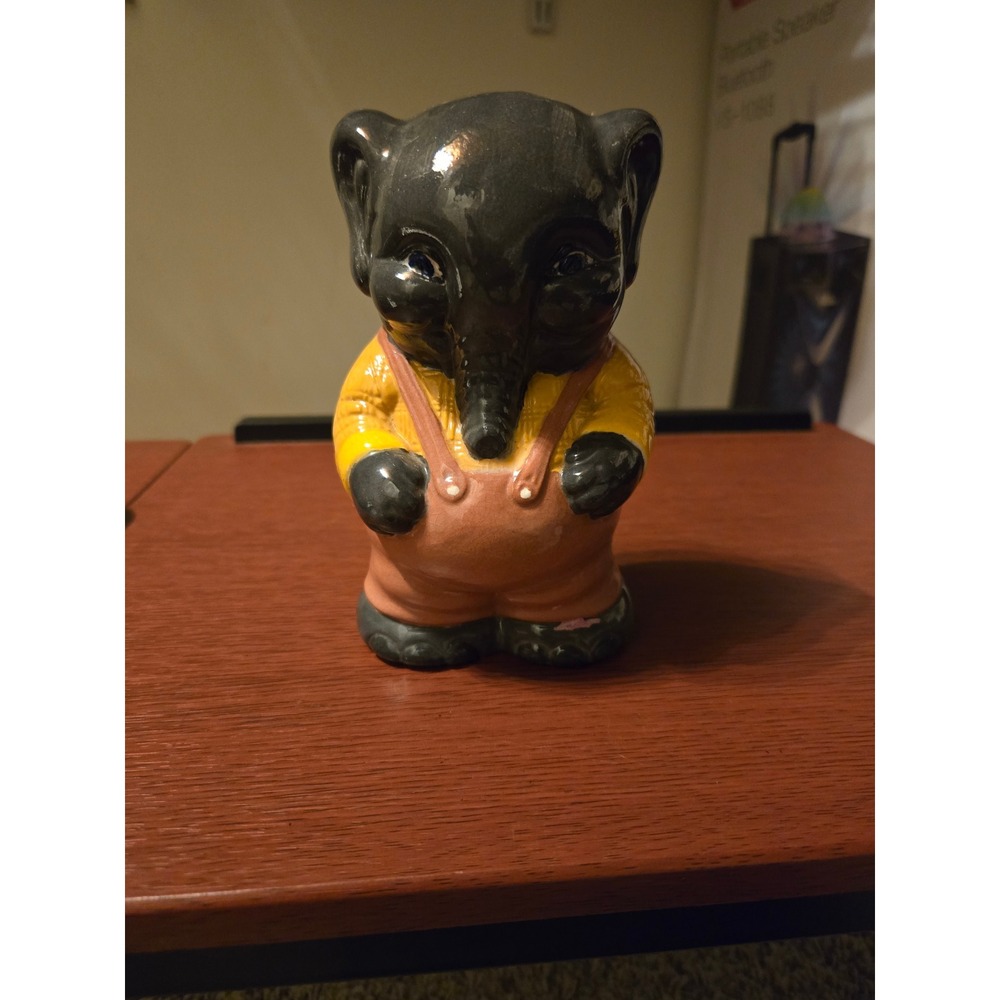 Vintage Ceramic Elephant Coin Bank Anthropomorphic‎ Yellow Shirt Overalls Black